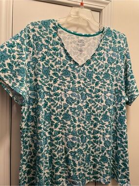 Croft & Barrow Plus 3X 100% Cotton Teal Print V-Neck Top, NWOT